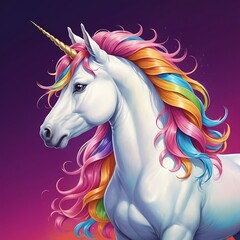 Fototapeta premium white unicorn with colorful hair and bright multicolored costume looking away isolated on light and dark purple background 