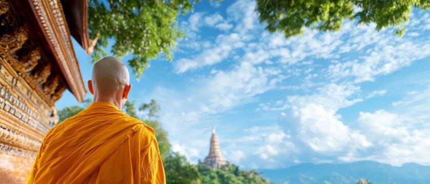  A man in a yellow robe stands before a building against a backdrop of a blue sky dotted with clouds - Powered by Adobe