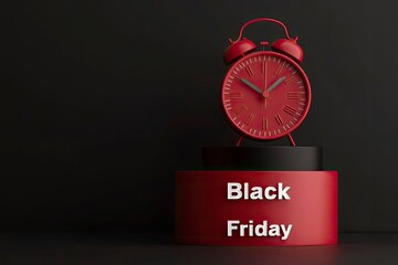 "Black Friday" sale promotion with a minimalist design, featuring bold white text and a red alarm clock on a modern red and black pedestal. with generative ai