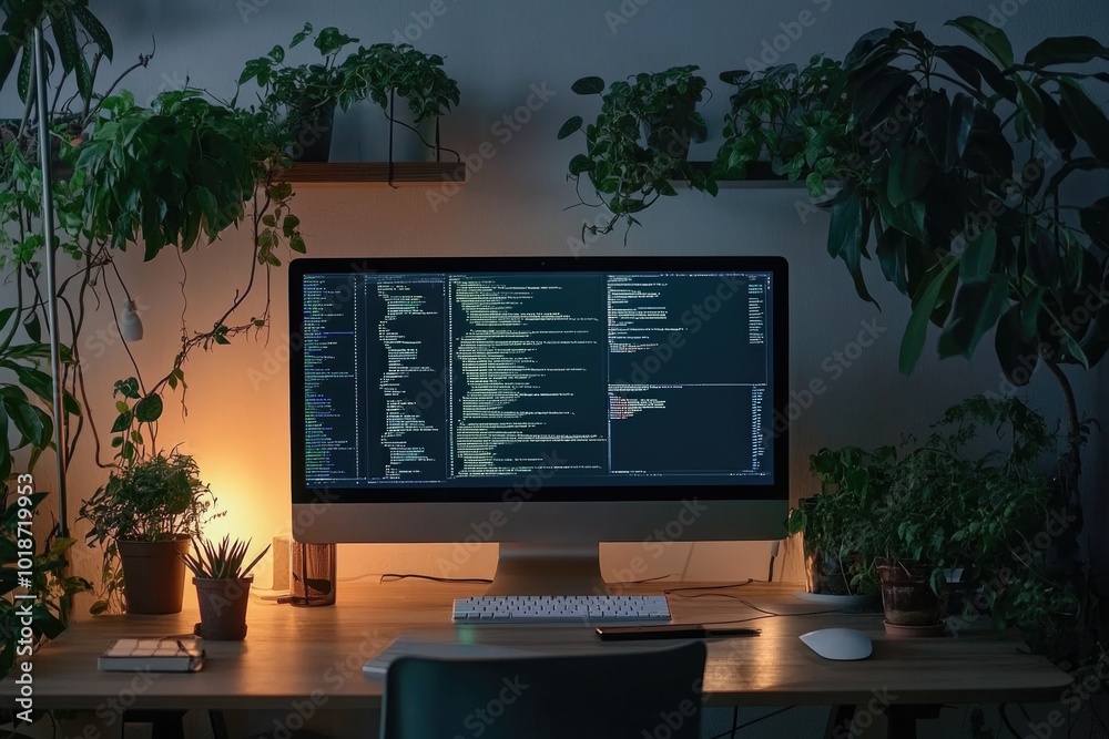 Poster a computer monitor placed on a wooden desk, suitable for office or home use