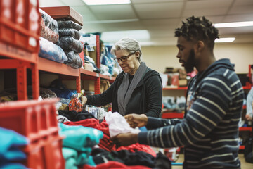 Volunteers sorting clothes in donation center, teamwork in action, helping community in need, charity work, social responsibility concept