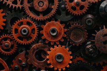 An assortment of rusty gears, showcasing intricate details and textures on a dark background.