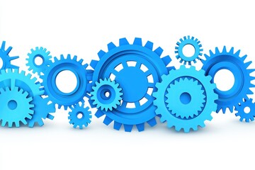 Blue gears and cogs in various sizes, illustrating the mechanics of machinery and innovation.