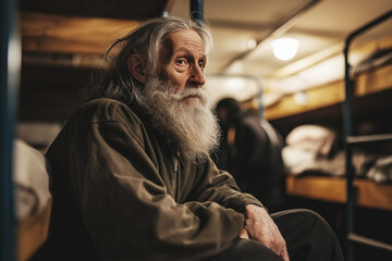 Obraz premium Elderly man, thoughtful expression, sitting on bunk bed in dimly lit shelter environment, contemplation and solitude concept