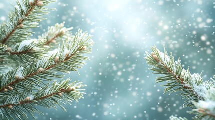 Snow-Covered Pine Branches with a Blurred Blue and White Background