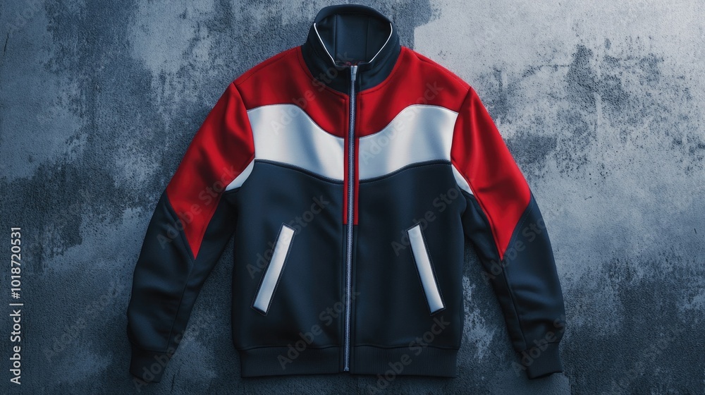Poster a single jacket with a bold color scheme hangs on the wall