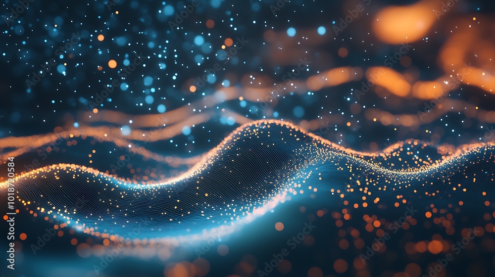 Fototapete Unique digital terrain filled with colorful glowing particles creating movement
