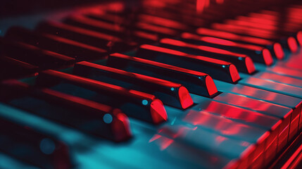 Obraz premium Closeup of piano keys in red lighting with dramatic shadows, highlighting musical texture and mood, music passion concept
