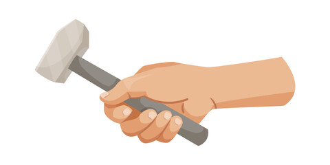 A hand gripping a hammer with a simple design on a white background. Vector illustration