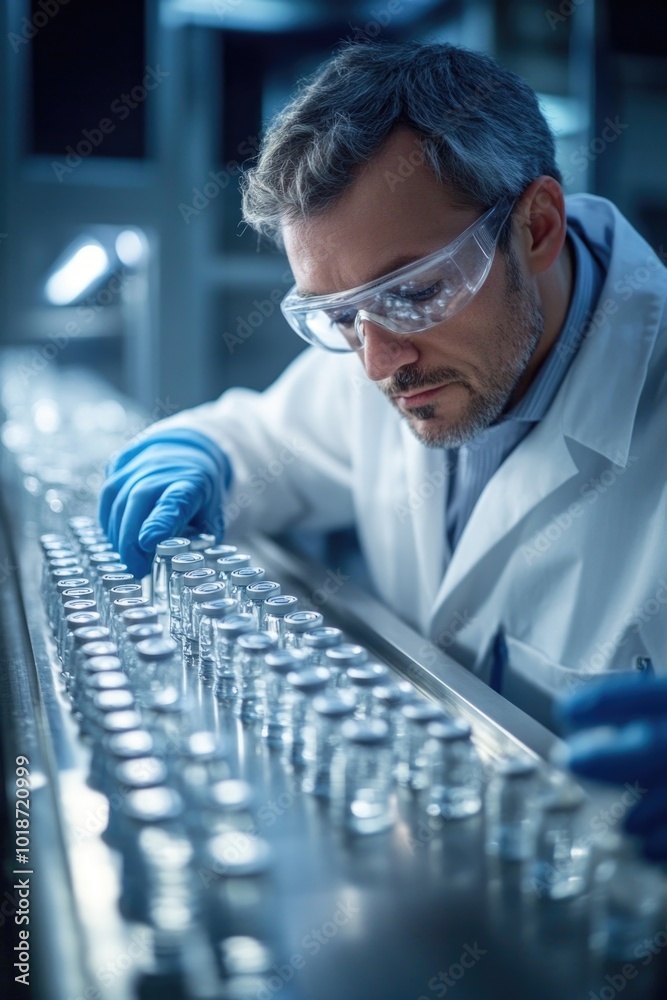 Aufkleber A scientist in a lab coat and goggles works on a machine, focused on the task