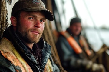 Obraz premium Commercial Fishermen at Work: Real People Taking a Break on a Fishing Boat