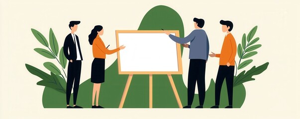 Business team collaborating around whiteboard in modern office setting.