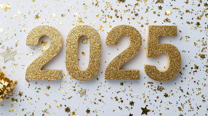 The golden glitter numbers "2025" with gold confetti. New Year concept