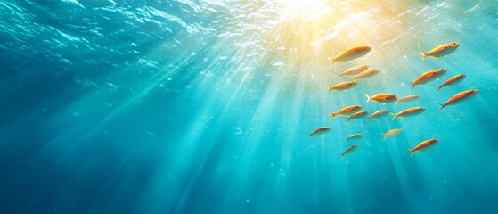 Fototapeta premium A collection of tiny yellow fish swimming in a expansive water body with sunlight filtering through its surface