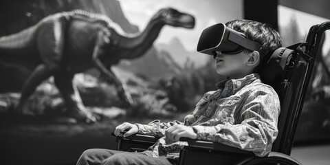 Fototapeta premium A young boy playing video games while sitting in his wheelchair, showing adaptability and fun