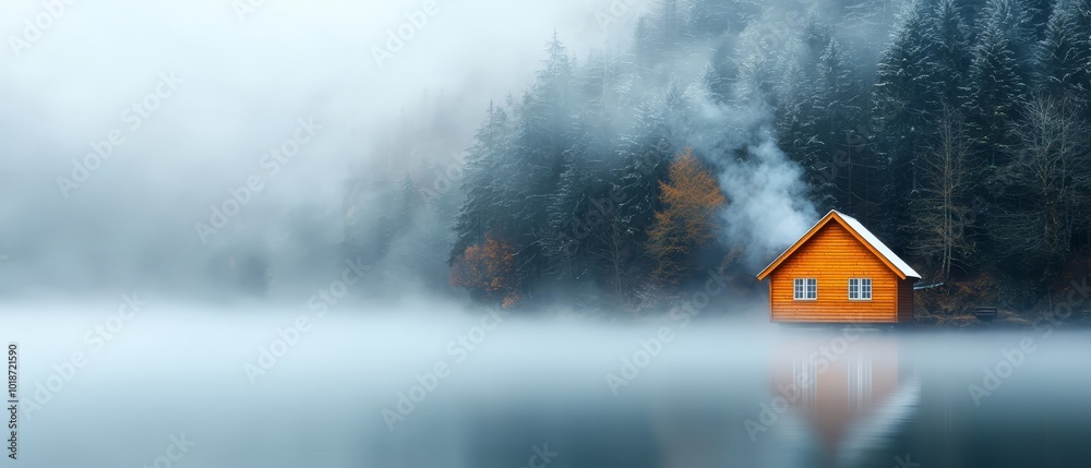 Wall mural  A quaint house nestled amidst a serene lake, encompassed by trees, emits steam from its roof