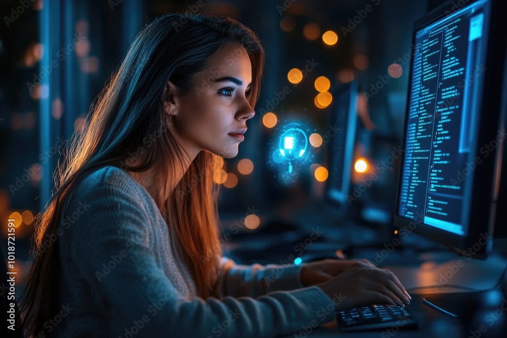 Aufkleber A person seated at a desk with a computer monitor in front of them, focused on their task