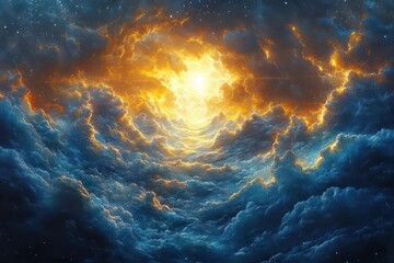 Fototapeta premium majestic depiction of the creation of heaven and earth featuring swirling clouds and radiant light blending elements of myth and artistry in a grand cosmic scene filled with wonder