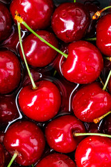 Cherry background.Close up of a bunch of bright red cherries shot from above. Cherry with drops. Food background.