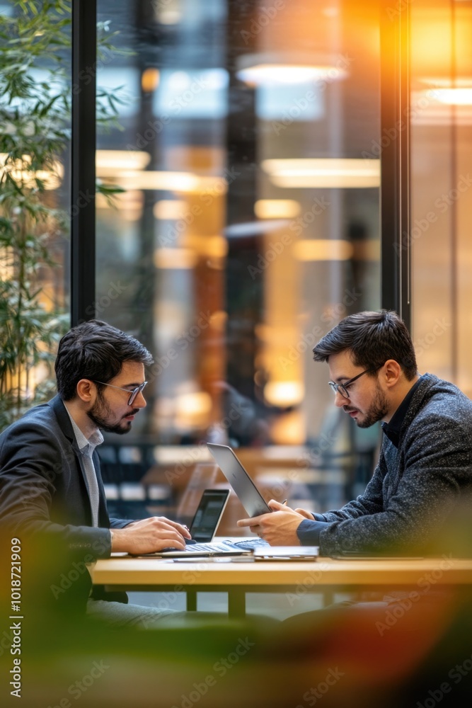Poster two males sit at a table using a laptop, perfect for office or workspace illustrations