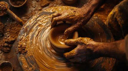 Hand shaping pottery on a spinning wheel, surrounded by crafting tools. Close-up, details. Space for text, advertising, banner. Clear place, copy