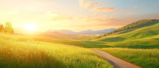 Obraz premium A grassy field with a dirt road in the foreground and a mountain range in the distance