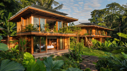 Obraz premium An eco-friendly resort in a lush tropical setting, powered by renewable energy and focused on sustainable tourism practices
