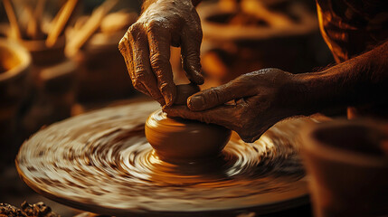 Hand shaping pottery on a spinning wheel, surrounded by crafting tools. Close-up, details. Space for text, advertising, banner. Clear place, copy