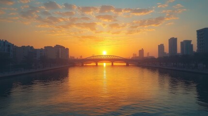 A sunrise casts a warm glow over a city skyline as the sun rises behind a bridge.