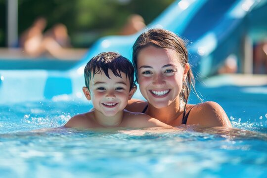 A mother and her young child enjoying time together in a swimming pool