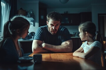 A father and his two little girls having a meal together, informal family moment