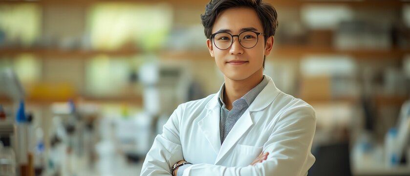 A confident scientist in a lab coat stands with crossed arms, showcasing expertise and professionalism in a modern laboratory setting.