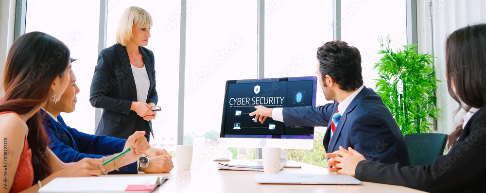 Poster cyber security system on computer screen protect private information snugly from hacker and cyber at