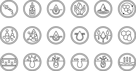 Labels for Cosmetic Products Packaging. Skin Care. Vector Icons Acid, Serum, Retinol, Moisturizing, Pure Water, Cell Regeneration, Nourishing Cream, Cleansing Gel, Acne Care, and More