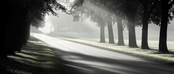  A road, bisecting a verdant field, is lined with trees on either side; above it hovers fog