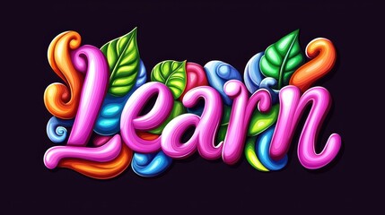 Fototapeta premium Colorful, playful lettering of the word 'Learn' adorned with vibrant leaves, set against a dark backdrop.