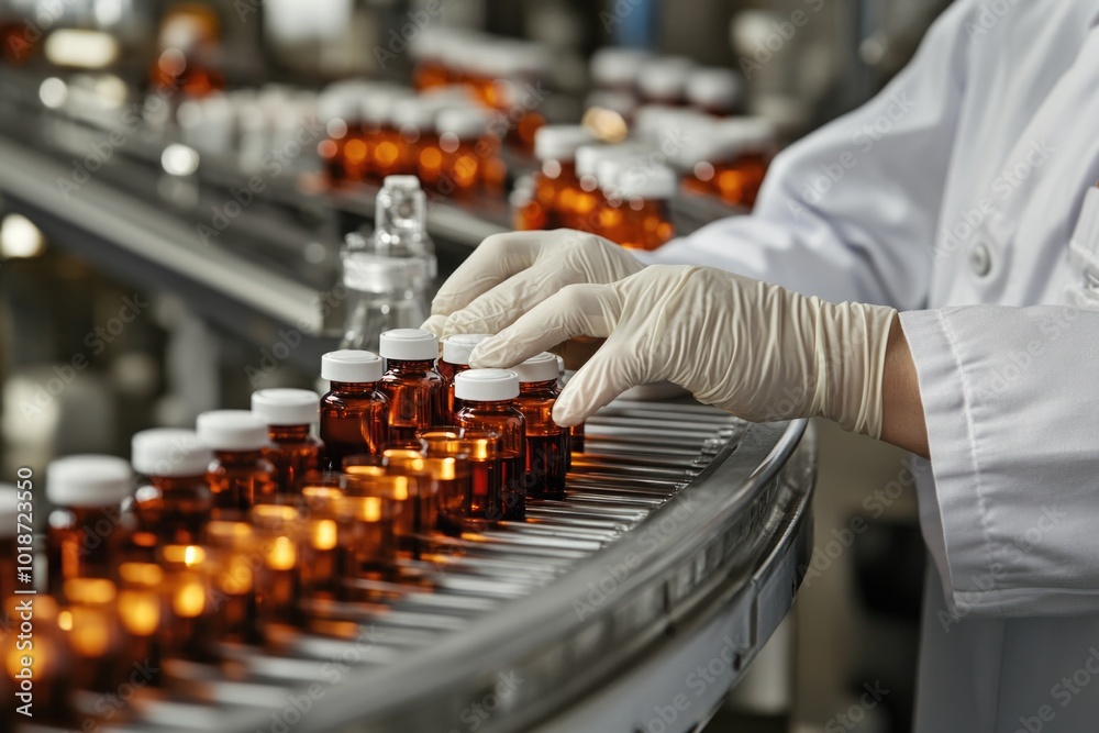 Poster worker in lab coat and gloves assembling parts on a conveyor belt