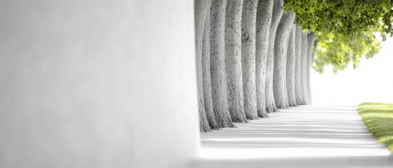  A line of trees borders a building, with grass in the foreground and a white wall in the background