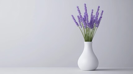 Lavender flowers in a modern white vase on a grey background, showcasing simplicity and elegance.