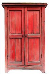 A red wooden cabinet with open doors, revealing its contents