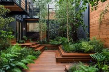 Obraz premium Courtyard Garden with Benches and Wooden Walkway. Apartment Paseo with Wood Bench Overhead View