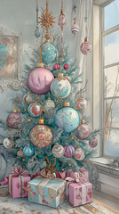 Christmas tree and gifts on the floor by the window.