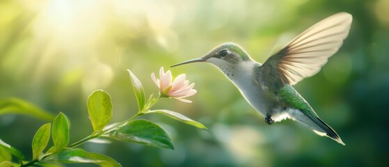 Naklejka premium Hummingbird hovers above a pink bloom, beak agape, wings spread wide; sun filters through trees behind