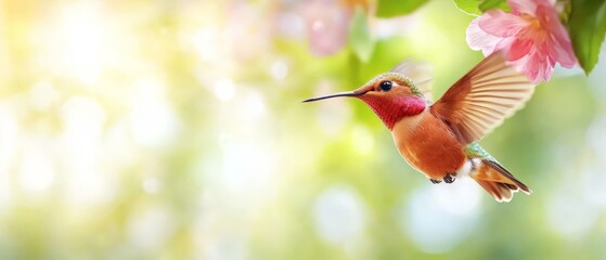 Fototapeta premium A bird flies with a bloom in its beak against a blurred backdrop