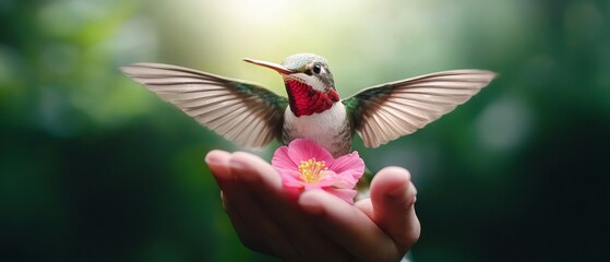 Fototapeta premium A hummingbird perches on a pink flower, held gently in someone's hand Background softly blurred