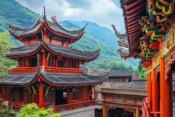 Fototapeta premium A traditional Chinese building with a distinctive red roof and numerous windows