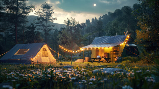 An off-grid renewable energy expo showcasing solar energy solutions for remote locations, with modern, eco-friendly designs. Bright and tech-driven tone.