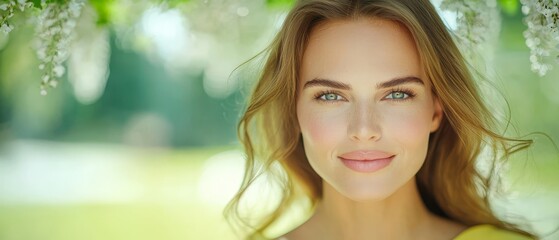 Naklejka premium A tight shot of a woman's face, surrounded by flowers in the foreground, and a tree visible behind