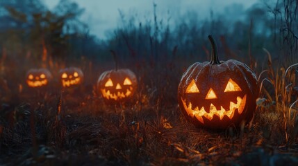 Halloween scary spooky pumpkins on the yard. Holiday spooky pumpkin. High quality photo