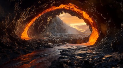 A fiery cave entrance reveals a volcanic landscape and a setting sun.
